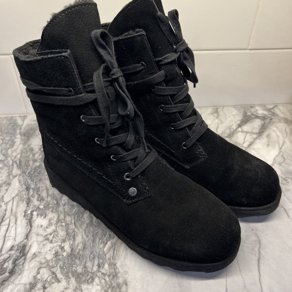 Women's Black Suede Lace-Up Ankle Boots - Classic Winter Style